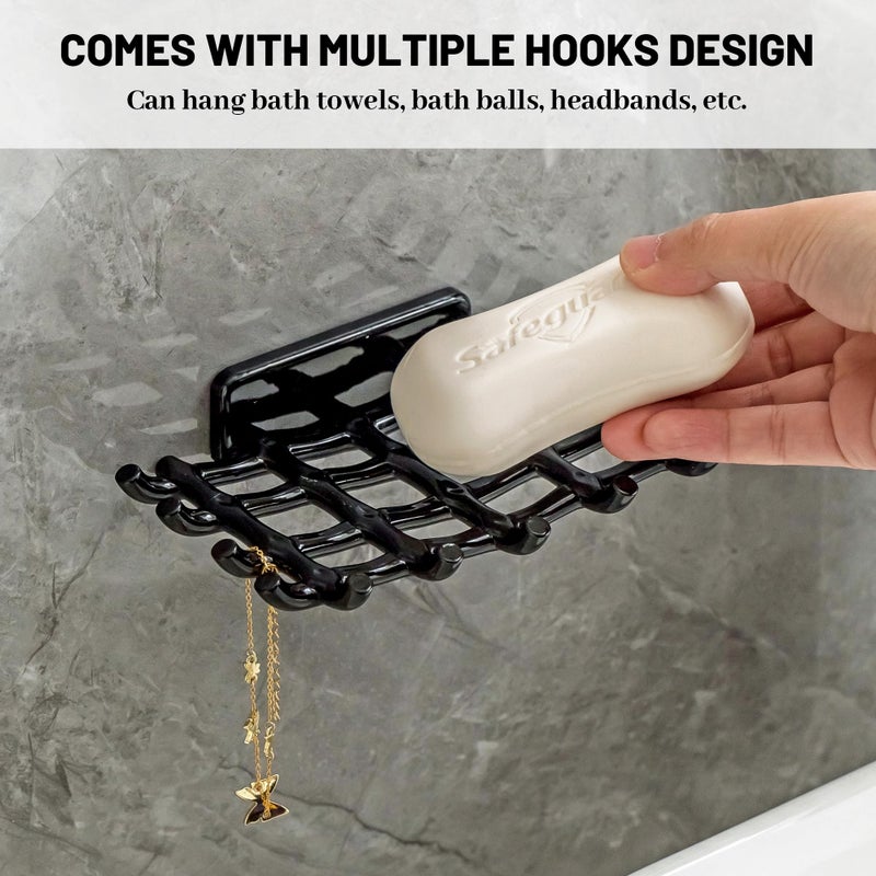 HASSLICKIT Soap Bar Holder for Shower Wall  Self Draining Soap Dish with Hooks  No Drilling  Bathtub Kitchen Sink Waterproof Adhesive Wall Mounted Dish (2 Pack  Black) - Image 2